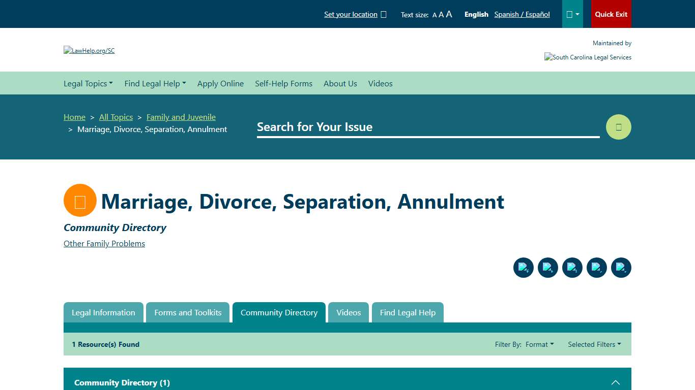 Community Directory - Marriage, Divorce, Separation, Annulment - Family and Juvenile LawHelp.org/SC - Free and low cost legal aid, assistance and services guide for South Carolina!
